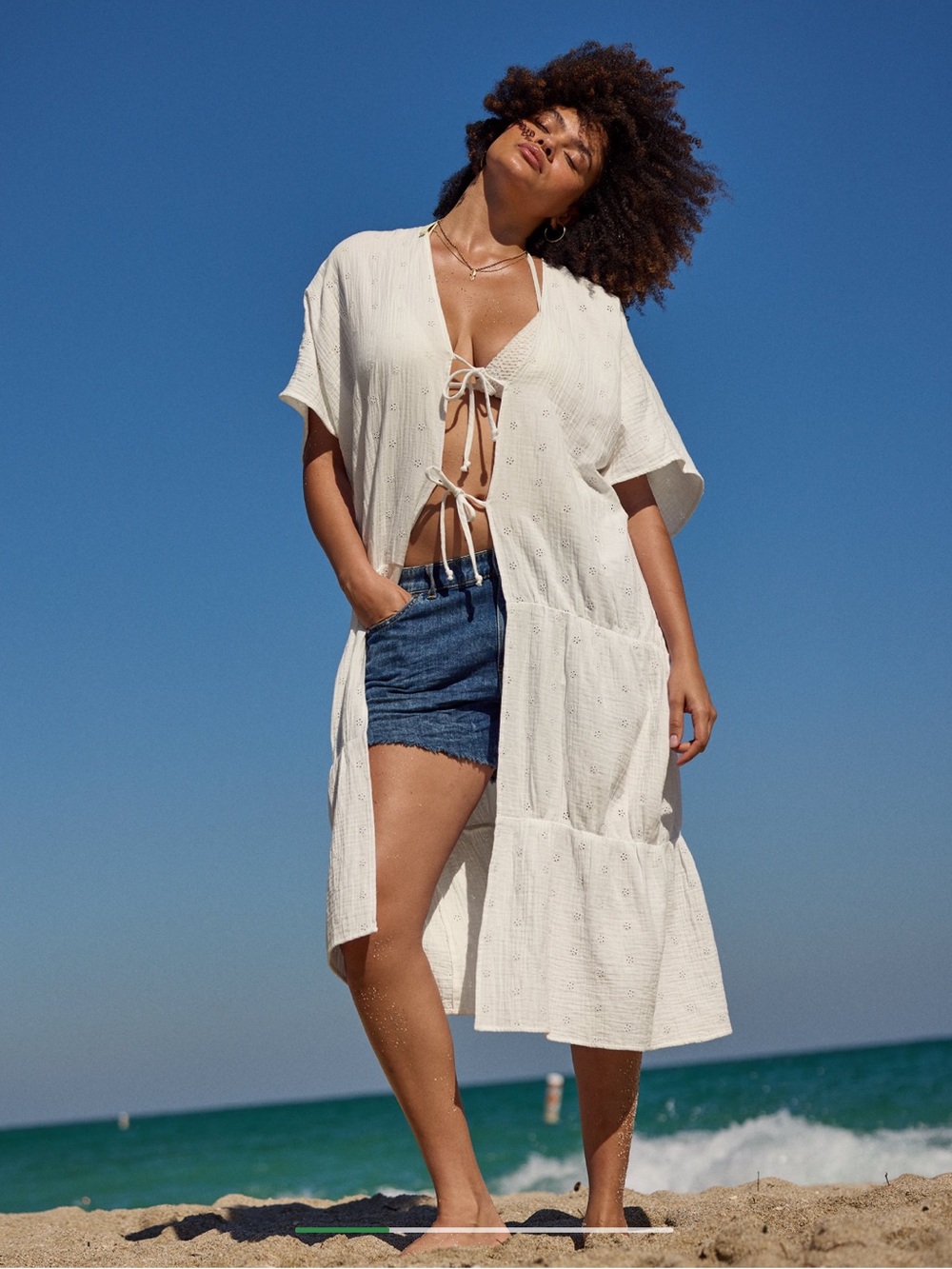 aerie Cream Eyelet Tiered Tie-Front Swim Coverup
